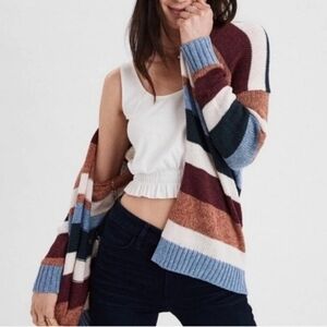 American Eagle AE Striped Long Sleeve Cardigan Open Sweater Medium Boho Cozy